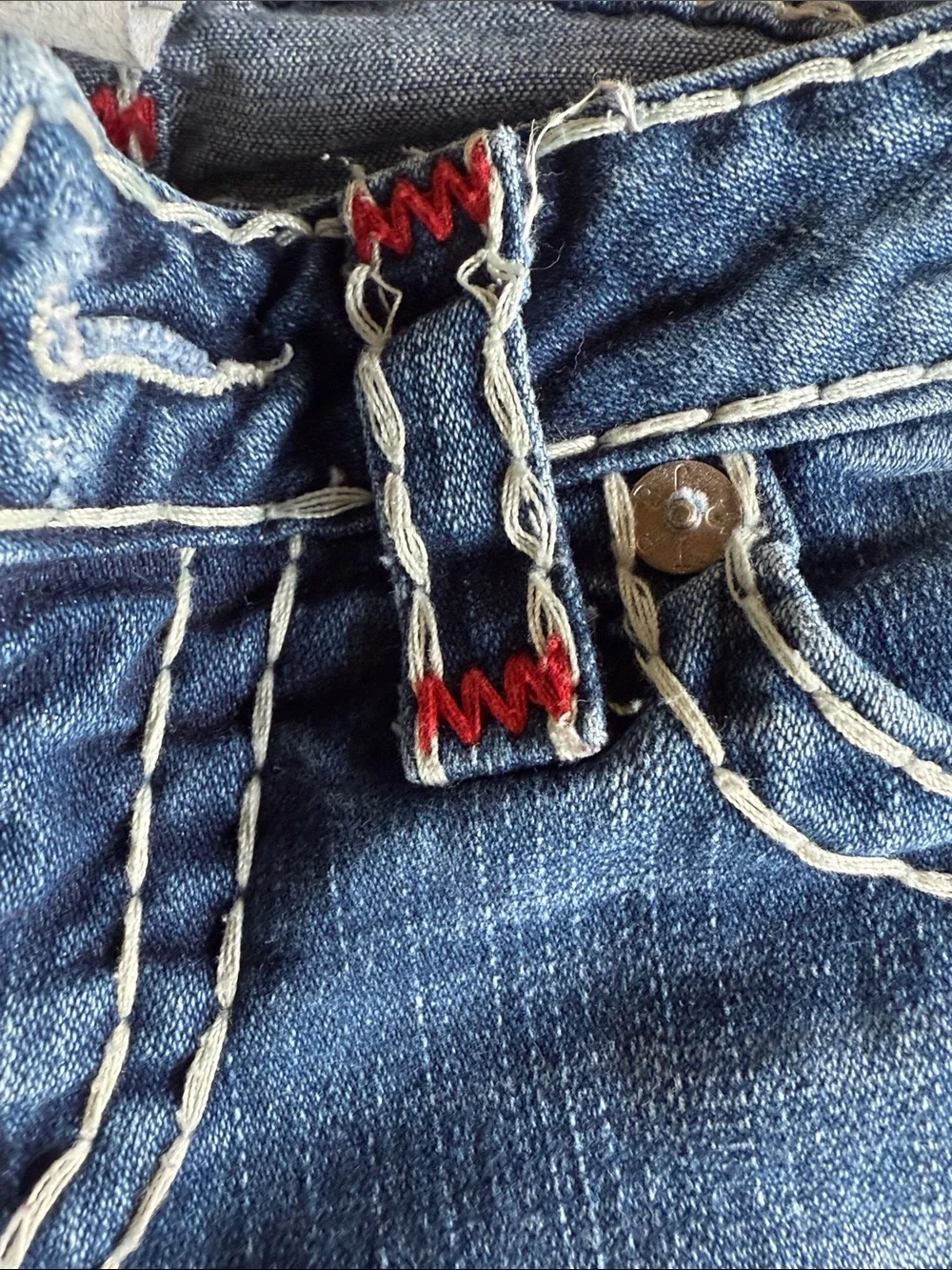 True Religion Women's Blue Denim Bootcut Jeans with Red Stitch Accents